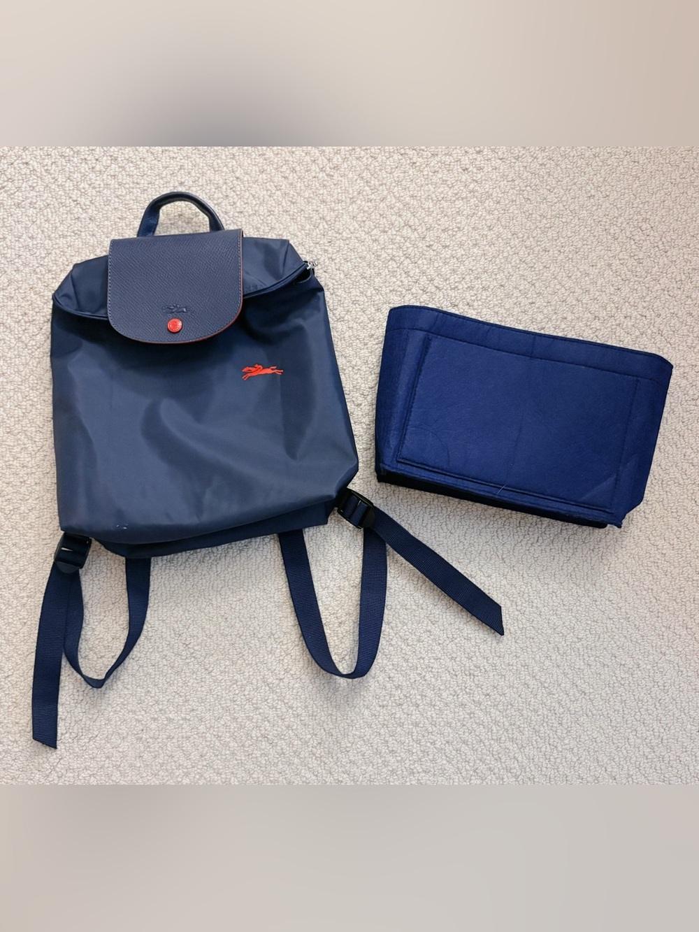 Longchamp Nylon and Leather Backpack with Bag Organizer Navy Blue